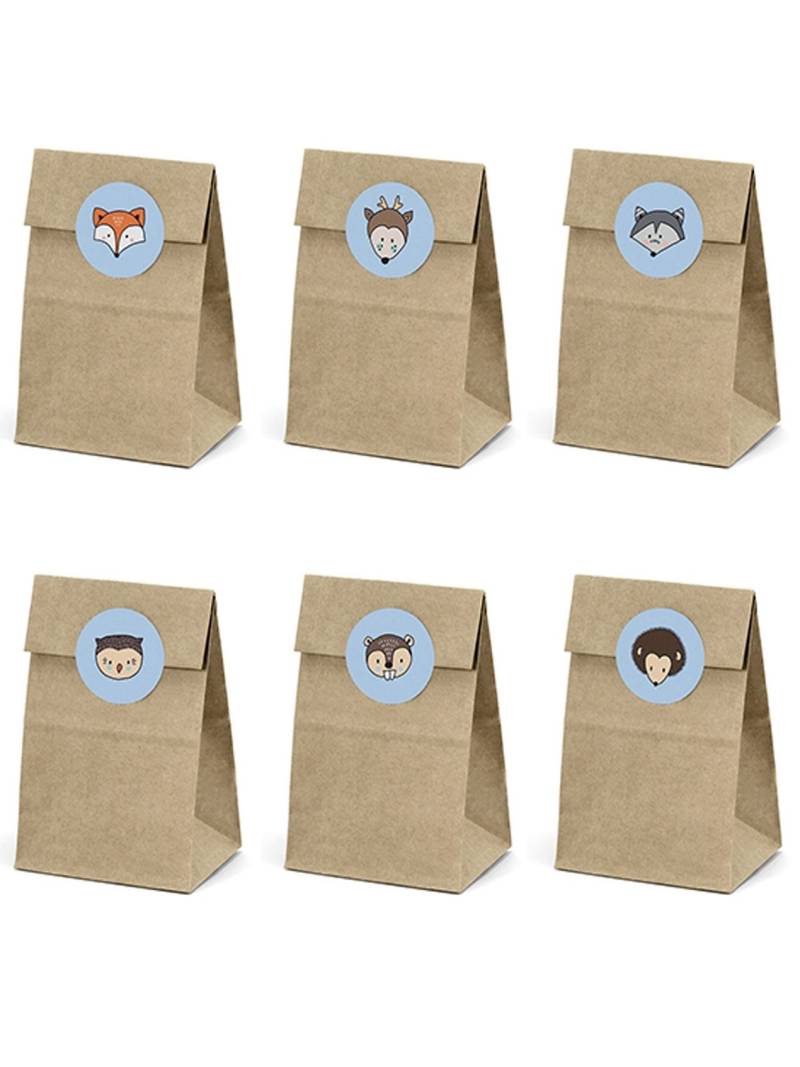 6 Papiertüten Waldtiere Kraftpapier Sticker 7,5 x 18,5 cm von PARTYDECO