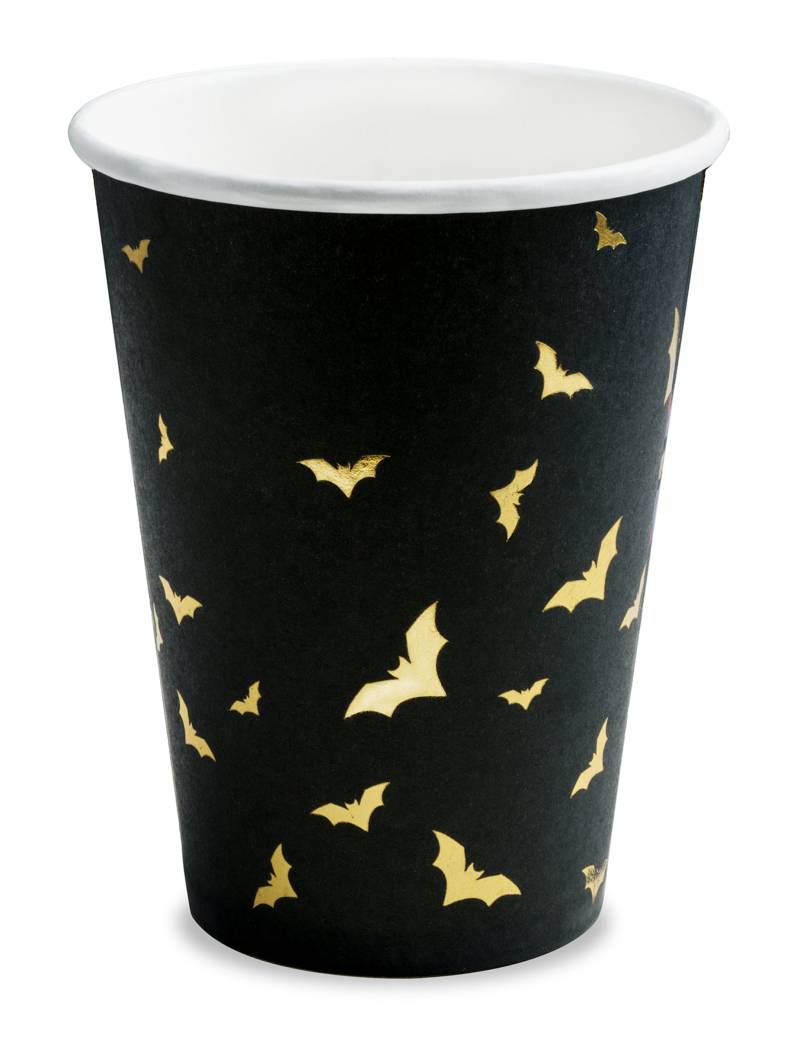 6 Pappbecher Fledermaus Schwarz Gold 220 ml von PARTYDECO