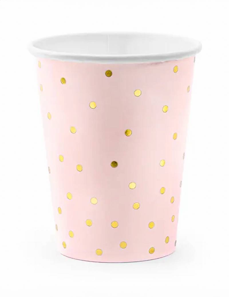 6 Pappbecher hellrosa und gold gepunktet 260 ml von PARTYDECO