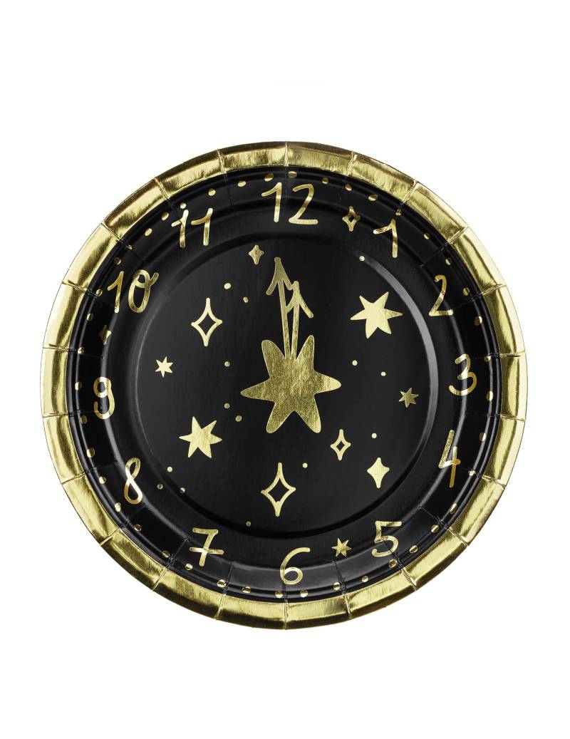 6 Pappteller Uhr Silvester klein rund schwarz gold 6 Pappteller Uhr Silvester klein rund schwarz gold von PARTYDECO
