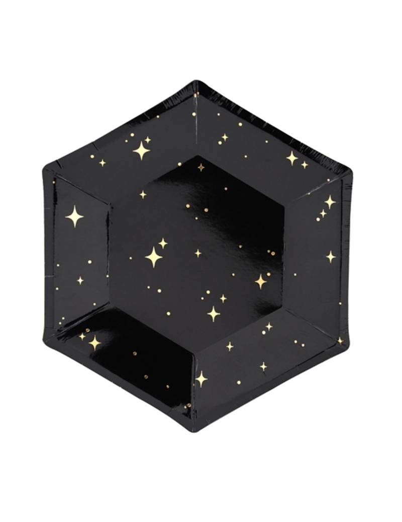 6 schwarze Hexagon-Pappteller mit goldenen Sternen 20 cm 6 schwarze Hexagon-Pappteller mit goldenen Sternen 20 cm von PARTYDECO
