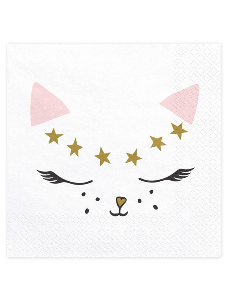 Katzen-Servietten Katzengesicht mit Sternen Katzengesicht Sterne 20 Stück weiss 33 x 33 cm von PARTYDECO