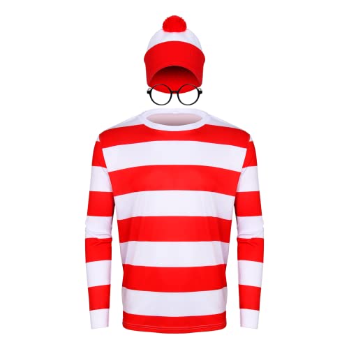 Erwachsene Herren Halloween rot und weiß gestreift Langarm T-Shirt Brille Hut Outfit Anzug Set Lustiges Cosplay Sweatshirt Kostüm, Mehrfarbig, Medium von PARTYEVER