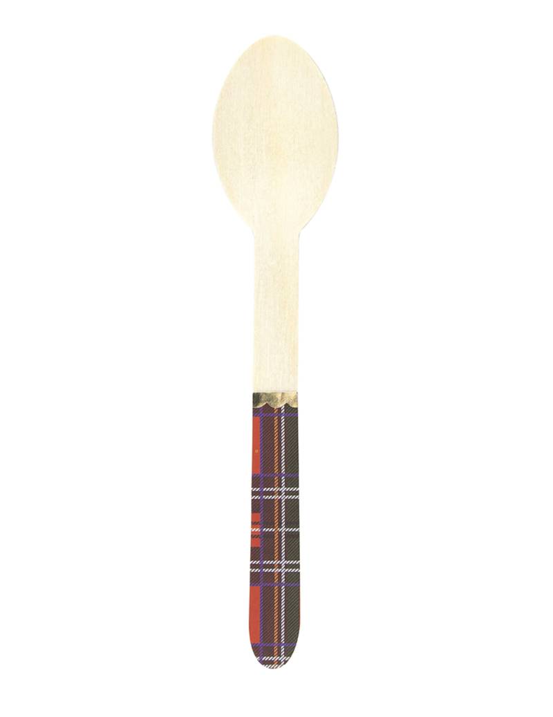 8 kleine Weihnachtslöffel aus Holz, Schottenmuster, 16 cm, mit Goldborte von PARTYPRO