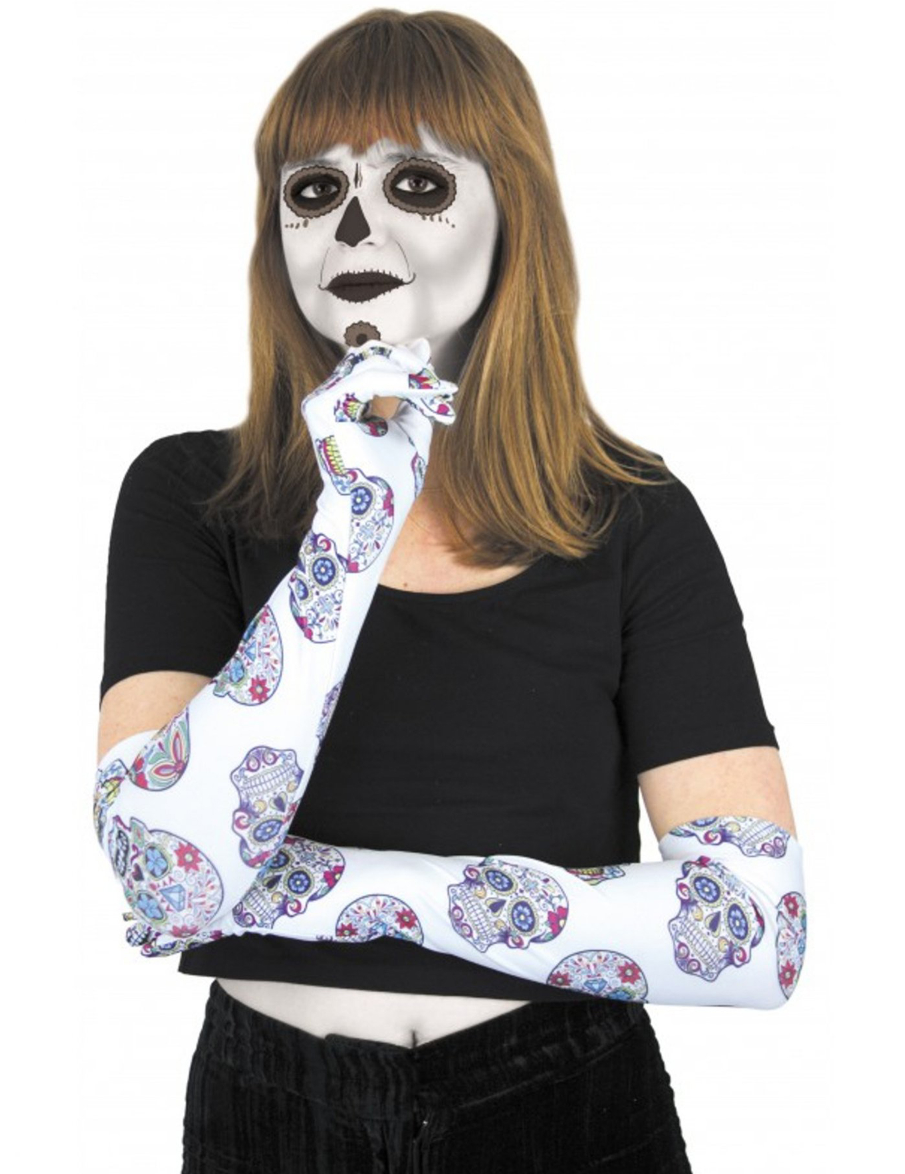 Día de los Muertos Handschuhe Halloween-Accessoire weiss-bunt Día de los Muertos Handschuhe Halloween-Accessoire weiss-bunt von PARTYPRO