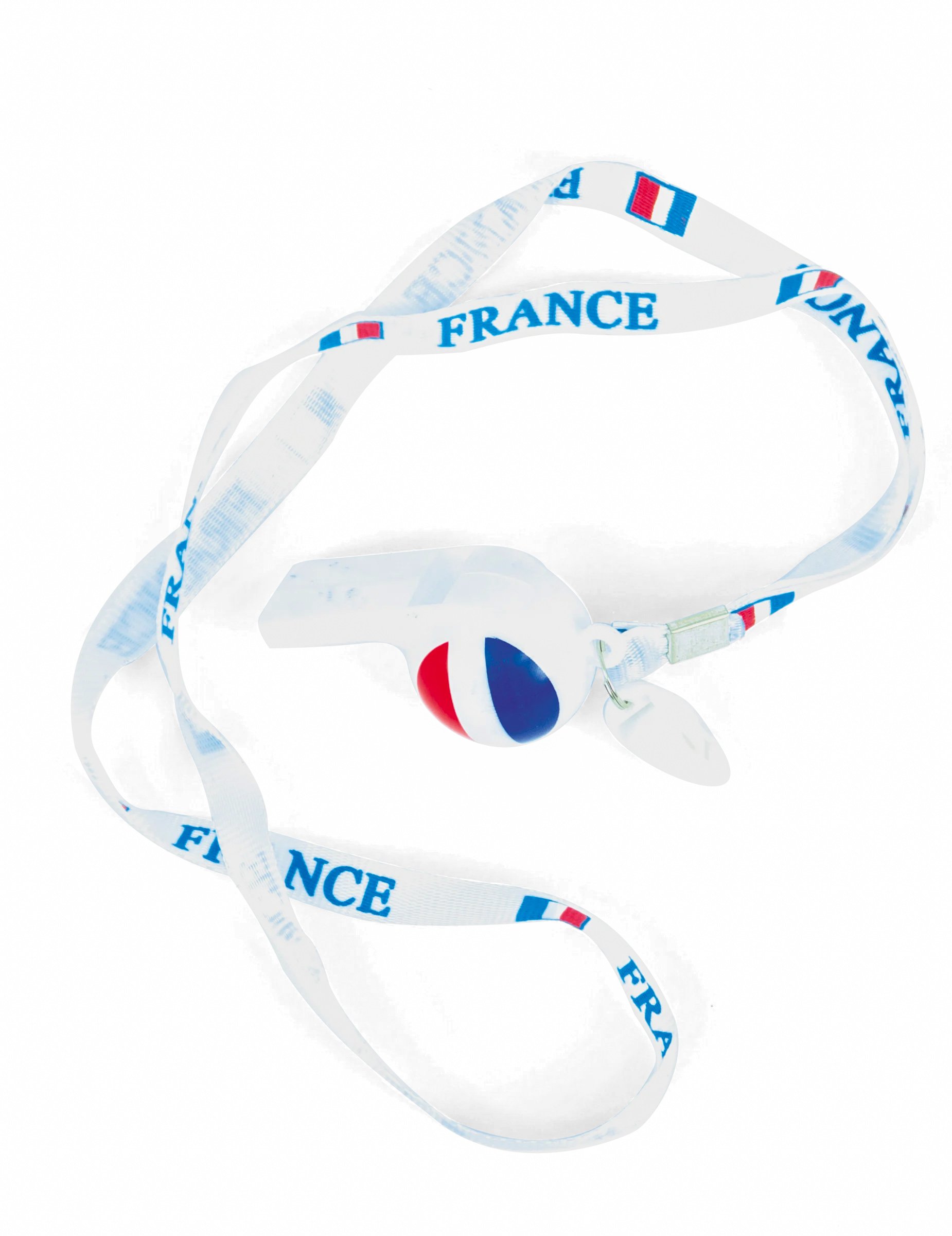 Fan-Set Frankreich Pfeife mit Umhängeband Erwachsene weiß-blau-rot von PARTYPRO