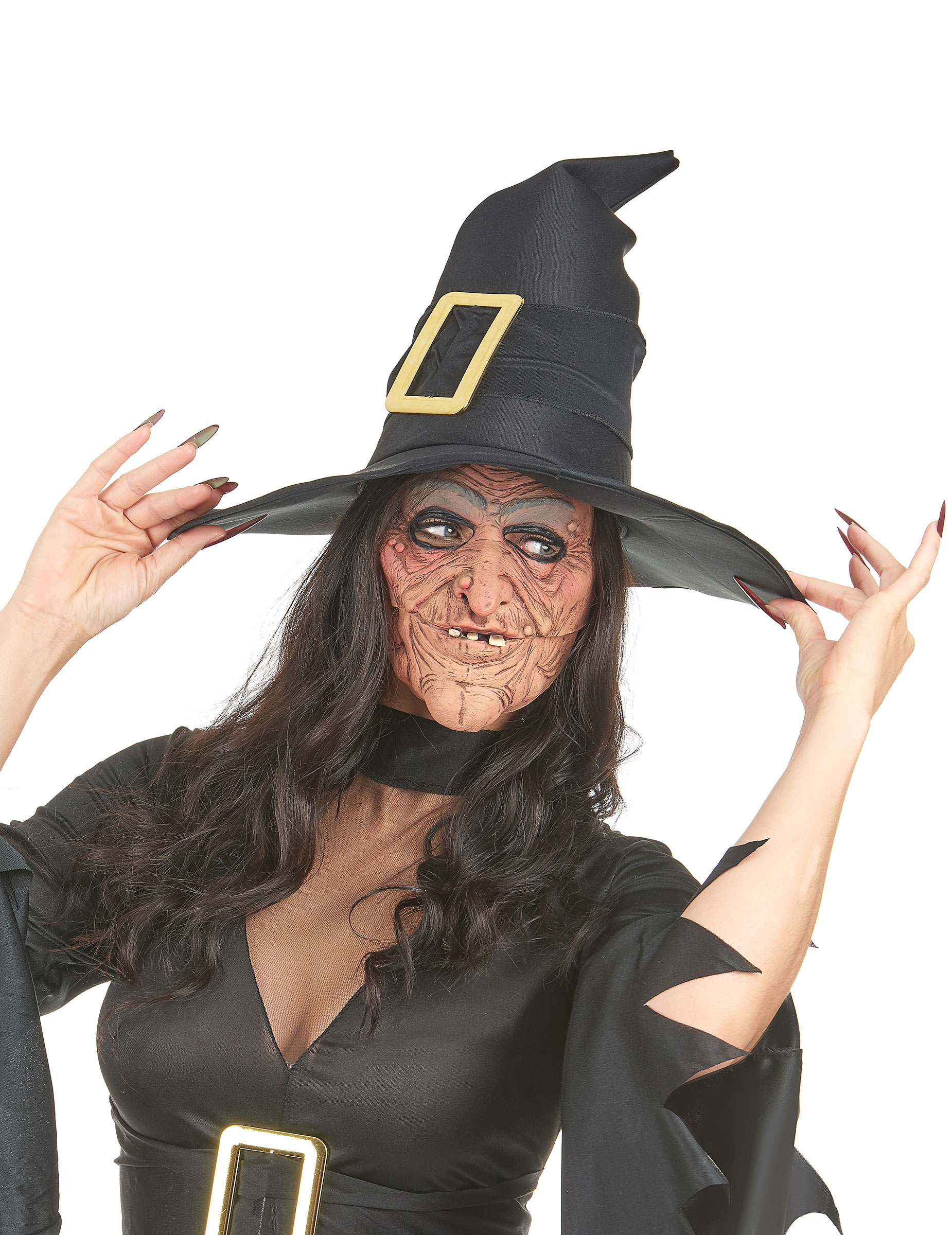 Halloween-Halbmaske Hexenmaske mit Falten hautfarbe-grau-schwarz von KARNEVAL-MEGASTORE