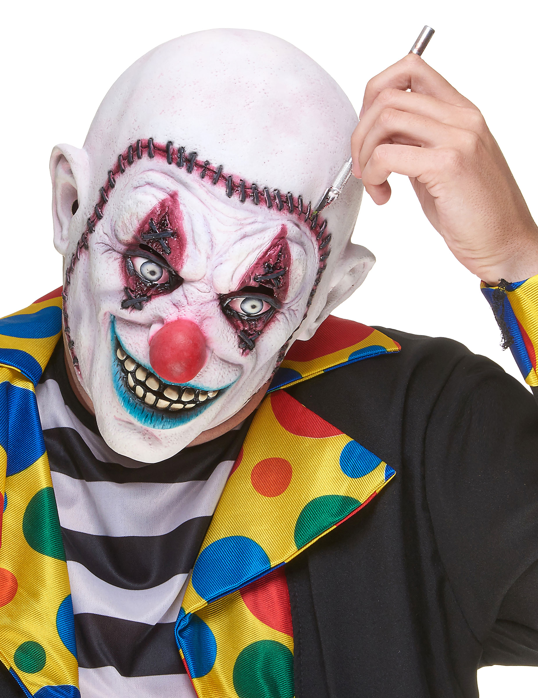 Horrorclown-Maske mit angenähtem Gesicht Böser Clown-Latexmaske weiss-bunt Horrorclown-Maske mit angenähtem Gesicht Böser Clown-Latexmaske weiss-bunt von KARNEVAL-MEGASTORE