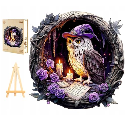 PASJO Holzpuzzle Erwachsene 3D Eule Zauberer Tierform Puzzleteile Holzbox und Mini-Staffelei aus Holz 300 Stück von PASJO