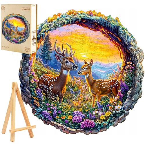 PASJO Holzpuzzle für Erwachsene 3D Hirsche auf Einer Lichtung 300 Einzelteile Holzbox und Mini-Staffelei Tierform Mutter und Baby Hirsch Wooden Puzzle von PASJO