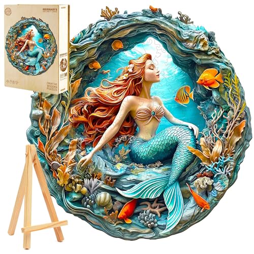 PASJO Holzpuzzle für Erwachsene 3D Meerjungfrau 280 Einzelteile Holzbox und Mini-Staffelei Wooden Puzzle von PASJO