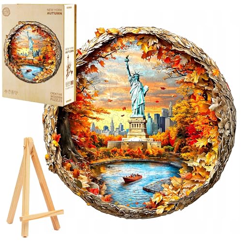 PASJO Holzpuzzle für Erwachsene 3D Puzzle Herbst in New York 300 Einzelteile Holzbox und Mini-Staffelei Wooden Puzzle Freiheitsstatue von New York von PASJO