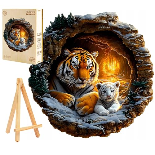 PASJO Holzpuzzle für Erwachsene 3D Tigerfamilie 290 Einzelteile Holzbox und Mini-Staffelei Tierform Tiger-Mama mit ihrem Baby Wooden Puzzle von PASJO