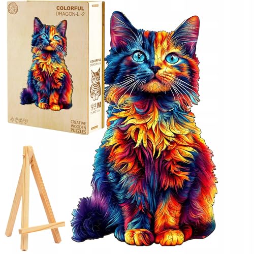PASJO Kreatives Holzpuzzle Bunte Katze 195 Teile Mini-Staffelei Puzzle für Erwachsene Fördert Kreativität und Entspannung Katzenliebhaber von PASJO