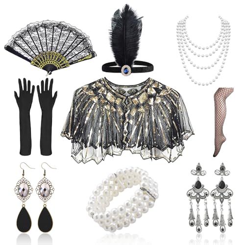 12-teiliges 1920er Flapper Great Gatsby Accessoires-Set Fashion Roaring 20's Theme Set mit Stirnband,20er Accessoires,Kopfbedeckung,langen schwarzen Handschuhen, Halskette, Ohrringen für Frauen 12-teiliges 1920er Flapper Great Gatsby Accessoires-Set Fashion Roaring 20's Theme Set mit Stirnband,20er Accessoires,Kopfbedeckung,langen schwarzen Handschuhen, Halskette, Ohrringen für Frauen von PASLFC