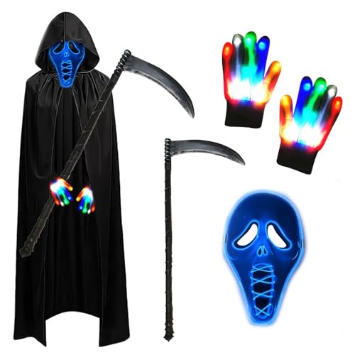 PASLFC Sensenmann Kostüm Erwachsene,Leuchtende Maske Set mit Sensemann Umhang und Sense und Glow Handschuhe,Halloween Kostüm Erwachsene,Kostüm Halloween Herren für Party Karneval Cosplay von PASLFC