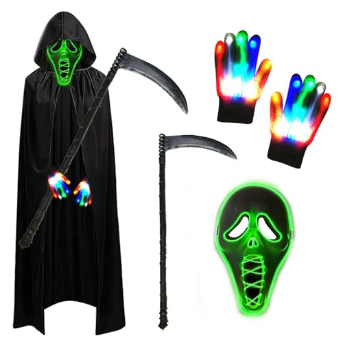 PASLFC Sensenmann Kostüm Erwachsene,Leuchtende Maske Set mit Sensemann Umhang und Sense und Glow Handschuhe,Halloween Kostüm Erwachsene,Kostüm Halloween Herren für Party Karneval Cosplay von PASLFC
