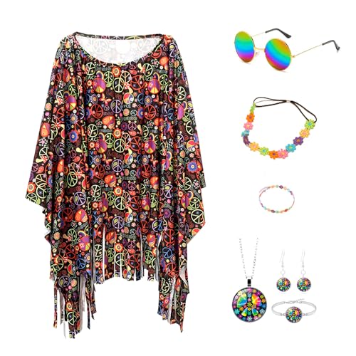 Hippie Kostüm Damen Set,7 Stück Damen Poncho Set,60 er 70er Jahre Hippie Kleidung,Hippie Kostüm Set,Faschingskostüm mit Poncho Halskette Ohrringe Sonnenbrillen,für Karneval Disco Party Cosplay von PASLFC