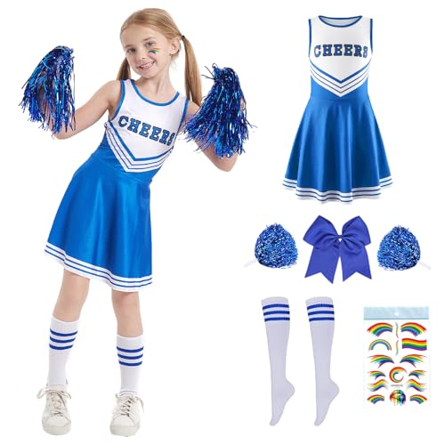 PASLFC Cheerleader Kostüm Kinder,Cheerleadering Outfit Mädchen,Cheerleading Uniform Kleid,Kinder Cheer Outfit mit Pompoms Socken,Kinderkostüm Cheerleader,für Karneval Halloween,Fasching,Mottoparty von PASLFC