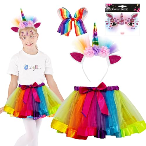 PASLFC Einhorn Kostüm Prinzessin Set 4 Stück,Einhornkostüm für kinder,Einhorn Haarreif für Mädchen,Unicorn Cosplay,Unicorn Kostüme Kinder,Tutu rock regenbogen für Geburtstag Party Karneval von PASLFC