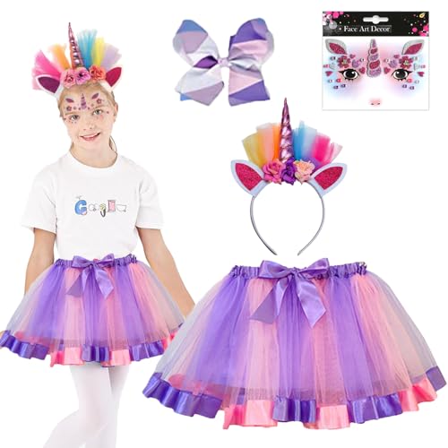 PASLFC Einhorn Kostüm Prinzessin Set 4 Stück,Einhornkostüm für kinder,Einhorn Haarreif für Mädchen,Unicorn Cosplay,Unicorn Kostüme Kinder,Tutu rock regenbogen für Geburtstag Party Karneval von PASLFC