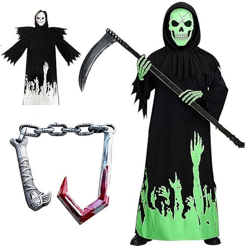 PASLFC Halloween Kostüm Kinder Jungen Sensenmann,4 Stücke Halloween Kostüm Sensenmann Kinder,Kind Sensenmann Kostüm,Sensenmann Kostüm Kind Kann im Dunkeln leuchten,Geeignet für Kinderhöhe 130-140 cm von PASLFC