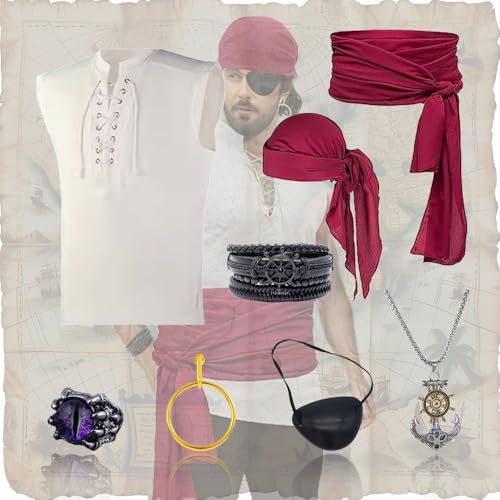 PASLFC Piraten Accessoires Set,Mittelalter Piratenkostüm Zubehör Set,Piraten Stirnband Taillengürtel,Piratenkapitän Mittelalterliche Große Schärpe,Piraten Bandanas,Damen Herren Piraten Verkleidung PASLFC Piraten Accessoires Set,Mittelalter Piratenkostüm Zubehör Set,Piraten Stirnband Taillengürtel,Piratenkapitän Mittelalterliche Große Schärpe,Piraten Bandanas,Damen Herren Piraten Verkleidung von PASLFC