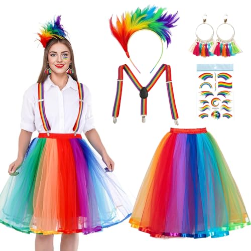 PASLFC Regenbogen Kostüm,Regenbogen Rock Damen Tüll,Regenbogen tüllrock damen,mit feder haarreif bunt,Regenbogen Tattoos,Tütü mit Hosenträger für Karneval,Halloween,Fasching,Mottoparty PASLFC Regenbogen Kostüm,Regenbogen Rock Damen Tüll,Regenbogen tüllrock damen,mit feder haarreif bunt,Regenbogen Tattoos,Tütü mit Hosenträger für Karneval,Halloween,Fasching,Mottoparty von PASLFC