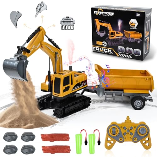 PATEMZON Ferngesteuerter Bagger Spielzeug, Ferngesteuerter Kettenbagger mit Anhänger, Steinen und Fernbedienung, 2.4GHz Elektrischer Bagger Spielzeug für Kinder Weihnachten Geburtstag Geschenk von PATEMZON