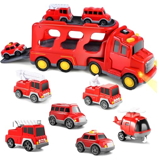 PATEMZON Feuerwehrauto Spielzeug, 7 in 1 Feuerwehr Auto Kinder, Zurückziehen Spielzeugautos mit Tattoo Aufkleber Kindermotive, Transport Truck mit Ton und Licht, Geschenke für Jungen und Mädchen PATEMZON Feuerwehrauto Spielzeug, 7 in 1 Feuerwehr Auto Kinder, Zurückziehen Spielzeugautos mit Tattoo Aufkleber Kindermotive, Transport Truck mit Ton und Licht, Geschenke für Jungen und Mädchen von PATEMZON