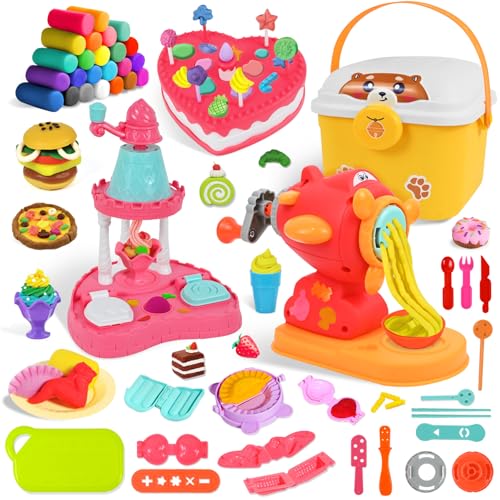PATEMZON Knete Set Spielzeug, Knetwerkzeug Kinderknete, Clay Nudelmaschine Eismaschine Knödelmaschine, 86 PCS DIY Knete mit Accessoires und 24 Dosen Knete, Geschenk für Mädchen und Junge ab 3 Jahre von PATEMZON