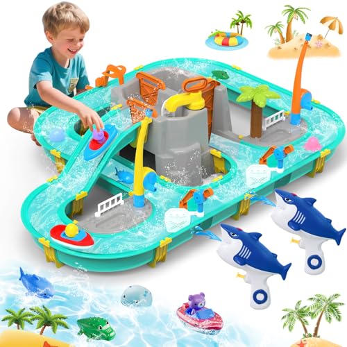 PATEMZON Wassertisch Spielzeug, Wasserbahn Kinder Draußen mit Rutsche und Angelfunktion, 2 in 1 Wasserspielzeug Kinder Outdoor mit 2 Boote, 2 Angelruten und 2 Kleine Wasserpistolen für 3+ Jahr von PATEMZON