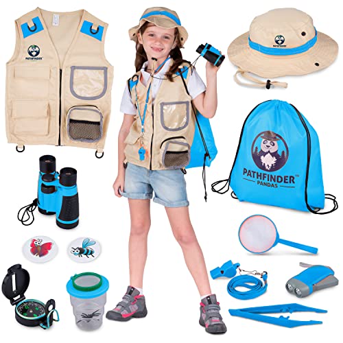 Forscherset für Kinder ab 6 & Safari Kostüm Kinder, Hut, Fernglas, Becherlupe & Mehr - Forscher Kostüm & Insekten Spielzeug - Tolles Outdoor Spielzeug Geschenk für Jungen Mädchen (Blau) von PATHFINDER PANDAS