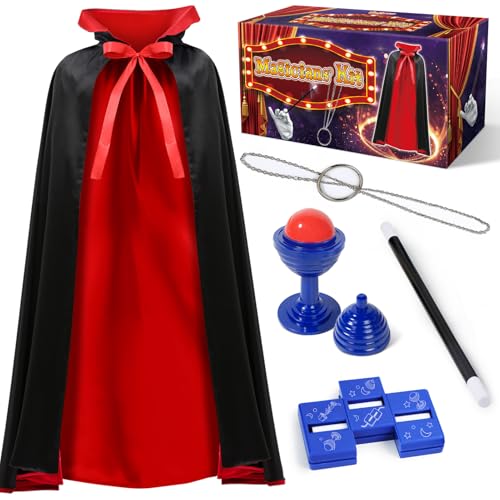 PATIFEED Zauberkasten, Zauberer Kostüm Set mit Umhang für Kinder im Alter von 6, 7, 8, 9, 10, 11, 12 Jahren, Halloween Verkleidungs und Vorstellungsspiel Set von PATIFEED