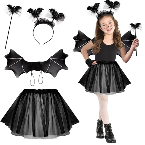 PATRICHOR Karneval Kostüm Kinder Mädchen, Karneval Fledermaus Kostüm Kinder mit Tutu, Tiara, Flügel und Zauberstab, Kinder Halloweenkostüm für Cosplay Party Karneval Fasching Mottoparty von PATRICHOR