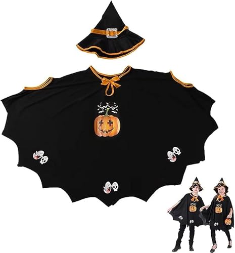 PATRICHOR Karneval Kostüm Kinder, Karneval Fledermaus Umhang mit Hut, Kürbis Kostüm Mädchen Jungen, für Halloween, Fasching, Karneval, Bühnenperformance, Themenparty, Geeignet für Höhe 90-150cm von PATRICHOR