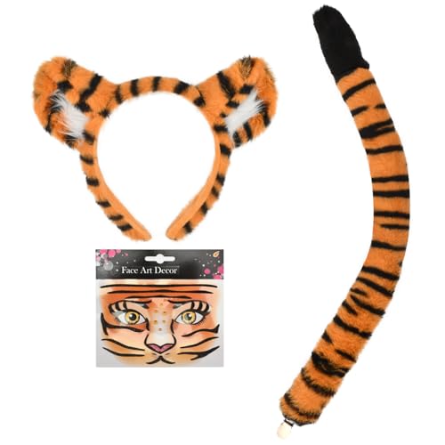 PATURPINT Tiger Kostüm Zubehör Set Orange und Schwarz Plüsch Ohren Stirnband Schwanz mit Gesicht Kunst Dekor für Dress Up Cosplay von PATURPINT
