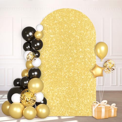 PATYDEST Goldene Bogenabdeckung, 200 cm, Pailletten, Hochzeitsbogenabdeckung, Spandex, angepasster Bogen, Hintergrundabdeckung, runde Oberseite, Chiara, Pailletten, gewölbter Hintergrund, Ständer für von PATYDEST