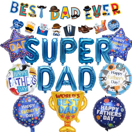 PAUBLLON Vatertagsdekorationen – Vatertagsbanner und Luftballons, Super Dad-Luftballons, Happy Father's Day Wimpelkette für Papa, Party, Zuhause, Bar, Outdoor-Dekorationen (B) von PAUBLLON