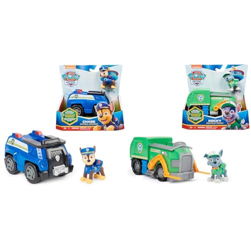 PAW PATROL, Polizei-Fahrzeug mit Chase-Figur & Recycling-Truck mit Rocky-Figur (Sustainable Basic Vehicle/Basis Fahrzeug), Spielzeug für Kinder ab 3 Jahren von PAW PATROL