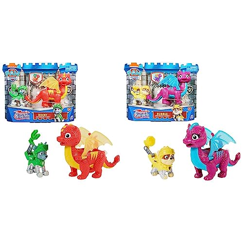 PAW PATROL, Rescue Knights Rocky und Dragon Flame Actionfiguren-Set &, Rescue Knights Rubble und Dragon Blizzie Actionfiguren-Set, Spielzeug geeignet für Kinder ab 3 Jahren von PAW PATROL