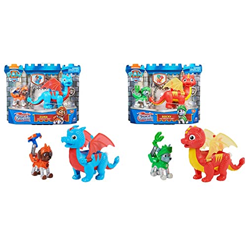 PAW PATROL, Rescue Knights Zuma und Dragon Ruby Actionfiguren-Set &, Rescue Knights Rocky und Dragon Flame Actionfiguren-Set, Spielzeug geeignet für Kinder ab 3 Jahren von PAW PATROL