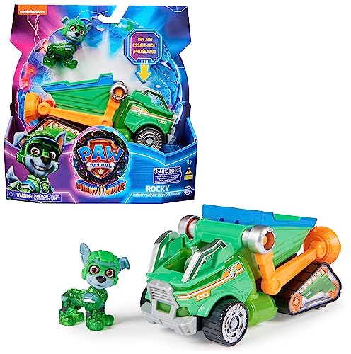 PAW PATROL: Der Mighty Kinofilm, Superhelden-Basis-Fahrzeug von Rocky mit Welpenfigur, Mülltransporter mit Licht- und Geräuscheffekten, Spielzeug geeignet für Kinder ab 3 Jahren von PAW PATROL