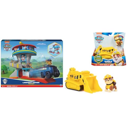 PAW PATROL, Lookout Tower, Hauptquartier Spielset mit 1 Chase Basis Fahrzeug, 2 Chase Figuren und Zubehör, geeignet für Kinder ab 3 Jahren & 6056857 Rubbles Bulldozer und Figur (Basic Vehicle) von PAW PATROL