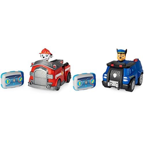 PAW PATROL 6054195 - Ferngesteuertes Feuerwehrauto mit Marshall - Figur, RC Fahrzeug in rot & 6054190 - Ferngesteuertes Polizeiauto mit Chase - Figur, RC Fahrzeug in blau von PAW PATROL