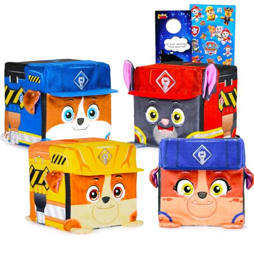 Paw Patrol Rubble and Crew Cube, Plüschtier-Set, 4 Stück, Bündel mit 10,2 cm Rubble, Ladegerät, Mix, Wheeler Plüschtiere für Kinder, Paw Patrol Würfel, Stofftiere für Jungen, Mädchen von PAW PATROL