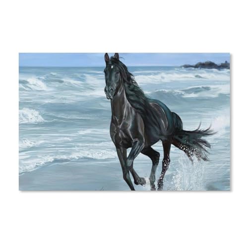 Puzzle 1000 Stück,Schwarzes Pferd am Meer,Klassische Puzzle 3D Puzzle DIY Kit Papierspielzeug Einzigartiges Geschenk Wohnkultur(50x70cm)-Y1 von PAWCA