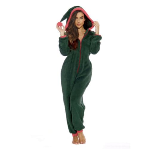PDYLZWZY Damen Santa Kostüm Mrs. Claus Kostüm Sexy Santa Weihnachten Kapuzen Overall Outfit Cosplay Erwachsene Fleece Pyjamas Nachtwäsche (Green#1, L) von PDYLZWZY