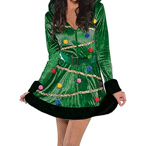 PDYLZWZY Damen Weihnachtsbaum-Kostüm, Weihnachtsbaum-Outfit für Erwachsene, Damen-Pailletten-Kapuzenkleid, Weihnachtsbaum-Kleid, Kostüme für Damen (Green, L) von PDYLZWZY