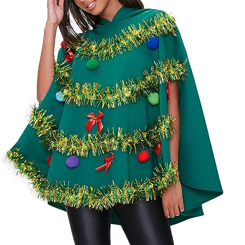 PDYLZWZY Damen Weihnachtsbaum Kostüm Schleife Ball Dekor Kapuzenumhang Umhang Weihnachtsbaum Poncho für Party Cosplay (Green, M) von PDYLZWZY
